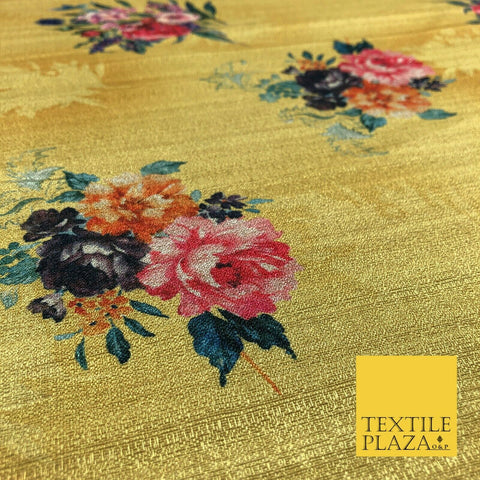 MUSTARD GOLD Floral Cluster Digital Print Faux Raw Silk Fabric Dress Craft 1465