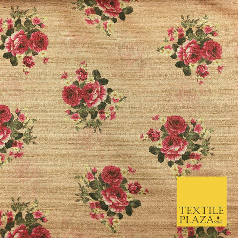 WARM STONE PINK Floral Digital Print Faux Raw Silk Fabric Dress Craft 1470