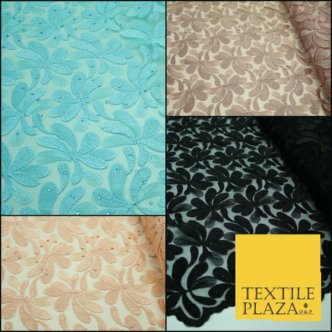 Threadwork Diamonte Embroidery Net Lace Bridal Bridesmaid Wedding Dress Fabric