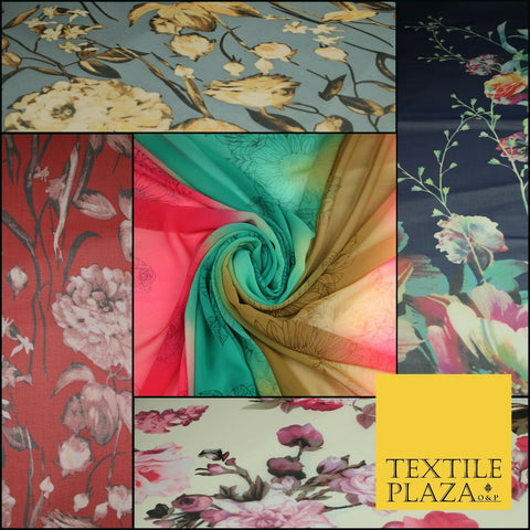 Premium Vintage Floral Flower Shaded Multicolour Printed Georgette Dress Fabric