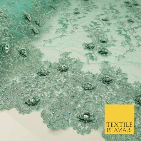 SEA GREEN 3D Flower Trio Scalloped Embroidered Net Lace Dress Fancy Bridal 1586