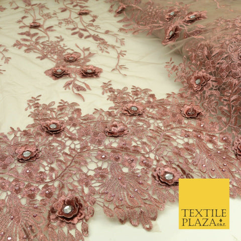 DUSTY PINK 3D Flower Trio Scalloped Embroidered Net Lace Dress Fancy Bridal 1582