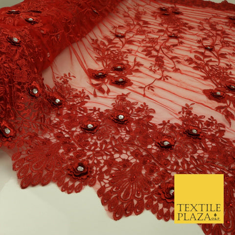 RED 3D Flower Trio Scalloped Embroidered Net Lace Dress Fancy Bridal 1583