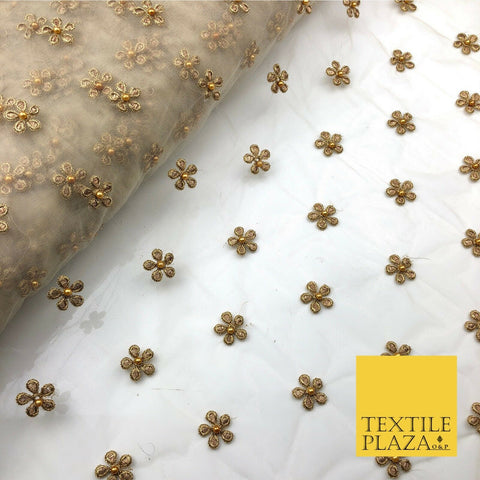 Light Stone Small Gold Pearl Flower Threadwork Antique Fancy Net Fabric JB295