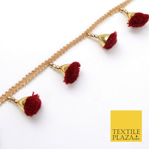 MAROON Pom Pom Tassels Indian Woven Gold Trim Ribbon Border Lace Ethnic X256