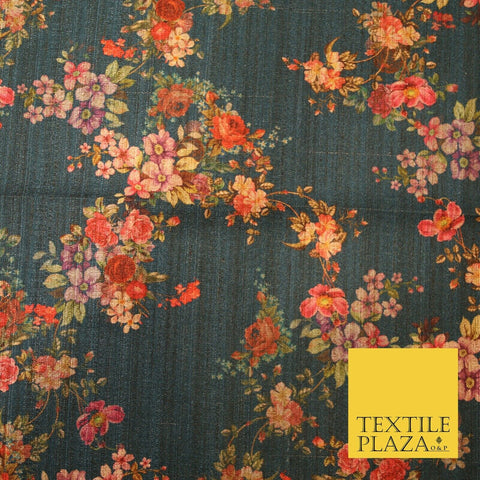 Dark Teal Floating Floral Allover Digital Print Faux Raw Silk Dress Fabric 3011
