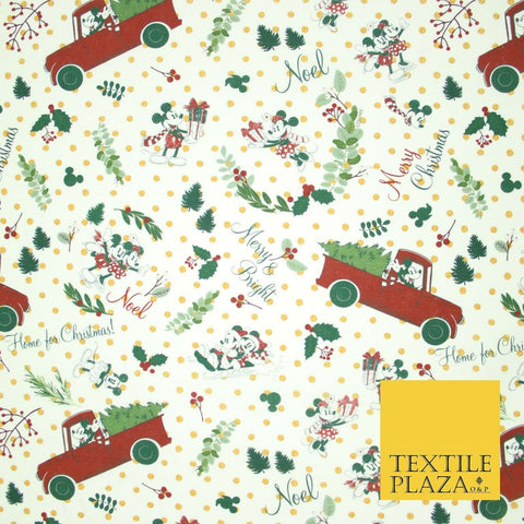 Mickey Minnie Disney Licensed Christmas Holly Printed Fabric 100% Cotton 150cm