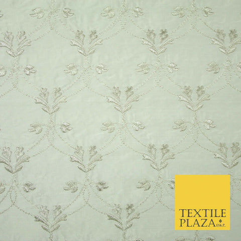 Luxury IVORY SILVER Floral Lattice Embroidered 100% PURE SILK Fabric 45" 4526