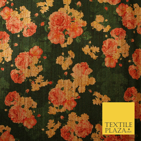 Dark Emerald Forest Green Floral Cluster Digital Print Faux Raw Silk Fabric 3016