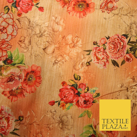Light Peach Gold Rose Floral Digital Print Faux Raw Silk Fabric Dress Craft 3002