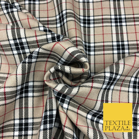 BEIGE Classic TARTAN Polyester Viscose Fabric Material 58" Craft Dress Q965