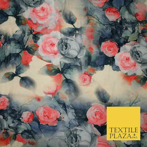 Vintage Floral Roses Printed Soft Micro Velvet Velour Non Stretch Fabric 5175