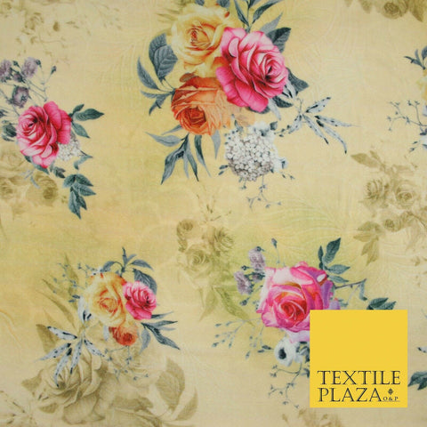 Lemon Gold Floral Printed Soft Micro Velvet Velour Non Stretch Fabric Dress 5246