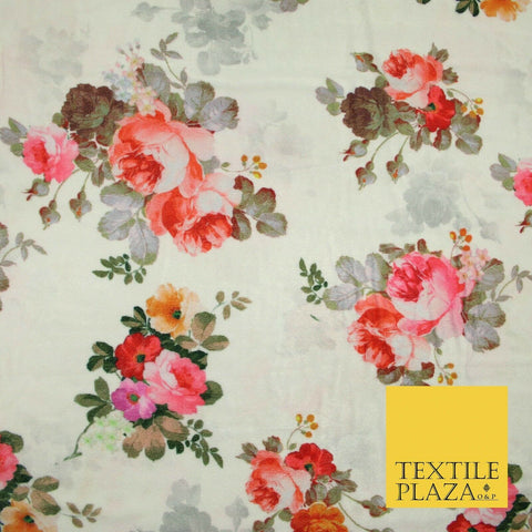 Ivory Cream Floral Printed Soft Micro Velvet Velour Non Stretch Fabric Dress5250