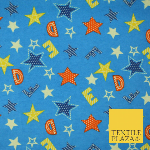 Turquoise Alphabet Stars Stripes Brushed Cotton Winceyette Fabric Flannel 5518