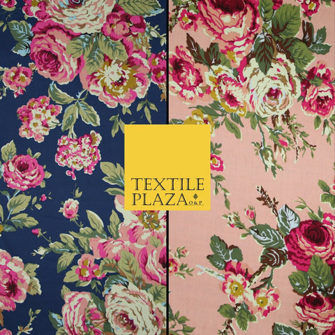 Navy Peach Floral Blooming Roses Printed 100% Cotton Poplin Dress Fabric 59"