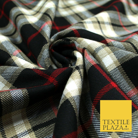 BEIGE BLACK RED TARTAN Polyester Viscose Fabric Material 58" Craft Dress 6441