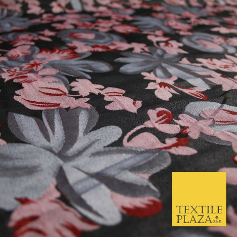 Dark Grey / Wine / Pink Artsy Floral Textured Brocade Jacquard Dress Fabric 6786
