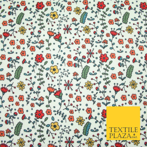 Ivory Colourful Artsy Floral Winceyette Brushed Polycotton Print Fabric 7177