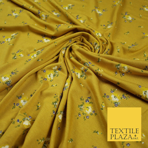 Mustard Ochre Ditsy Floral Printed Soft Touch Stretch Jersey Fabric 56" 6742