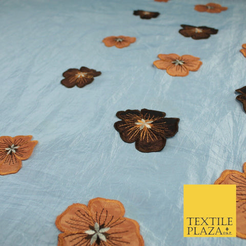 Blue Faux Silk Taffeta with Brown Rust Applique Flowers Dress Fabric 55" 10388