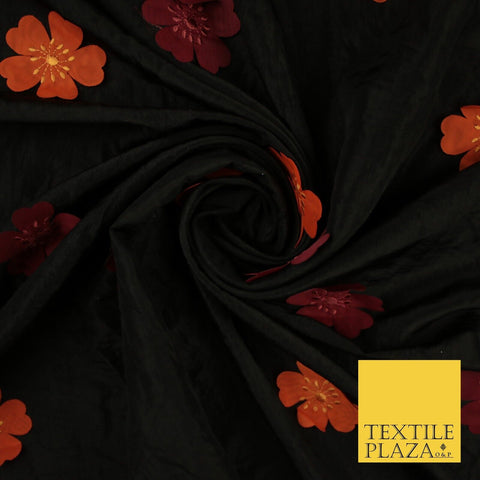 Black Faux Silk Taffeta with Orange Wine Applique Flowers Dress Fabric 56" 10385