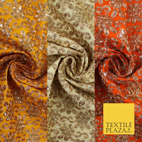 Gold Flower Design Embroidered Faux Taffeta Silk Dress Fabric Upholstery 42"