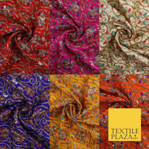 Flower Swirl Design Embroidered Faux Taffeta Silk Dress Fabric Upholstery 42"